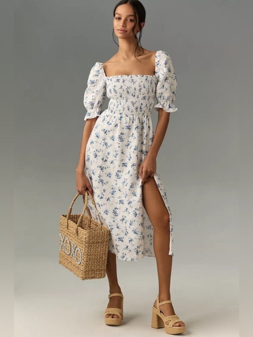 NWOT REFORMATION Marabella Linen Midi Dress Floral Smocked Puff Sleeves Sz: S